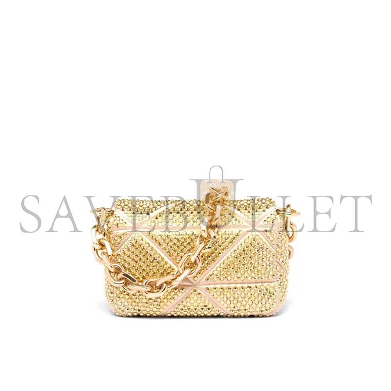 Pra*a mini crystal embellished triangle logo shoulder bag in gold 1bd329 (17*11.5*6cm)